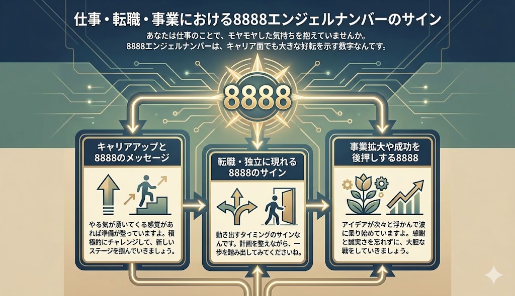 仕事・転職・事業における8888エンジェルナンバーのサイン あなたは仕事のことで、モヤモヤした気持ちを抱えていませんか。 8888エンジェルナンバーは、キャリア面でも大きな好転を示す数字なんです。 キャリアアップと8888のメッセージ 転職・独立に現れる8888のサイン 事業拡大や成功を後押しする8888 あなたの働き方に合わせて確認していきましょう。 キャリアアップと8888のメッセージ あなたは今の仕事で、もっと上を目指したいと感じていませんか。 8888エンジェルナンバーを見たら、キャリアが成長する時期に入ったサインといえます。 背筋がすっと伸びて、やる気が湧いてくる感覚があれば準備が整っていますよ。 積極的にチャレンジして、新しいステージを掴んでいきましょう。 転職・独立に現れる8888のサイン あなたは今の環境に違和感を覚えて、新しい道を考えていませんか。 転職や独立を迷っているときに8888を見たら、動き出すタイミングのサインなんです。 胸の奥がざわざわしていたのが、すっと静まる感覚があれば決断のときですよ。 計画を整えながら、一歩を踏み出してみてくださいね。 事業拡大や成功を後押しする8888 あなたは自分のビジネスを、もっと大きくしたいと考えていませんか。 8888エンジェルナンバーは、事業の発展や成功を後押しするサインといえます。 アイデアが次々と浮かんで、頭がクリアになる感覚があれば波に乗り始めていますよ。 感謝と誠実さを忘れずに、大胆な挑戦をしていきましょう。
