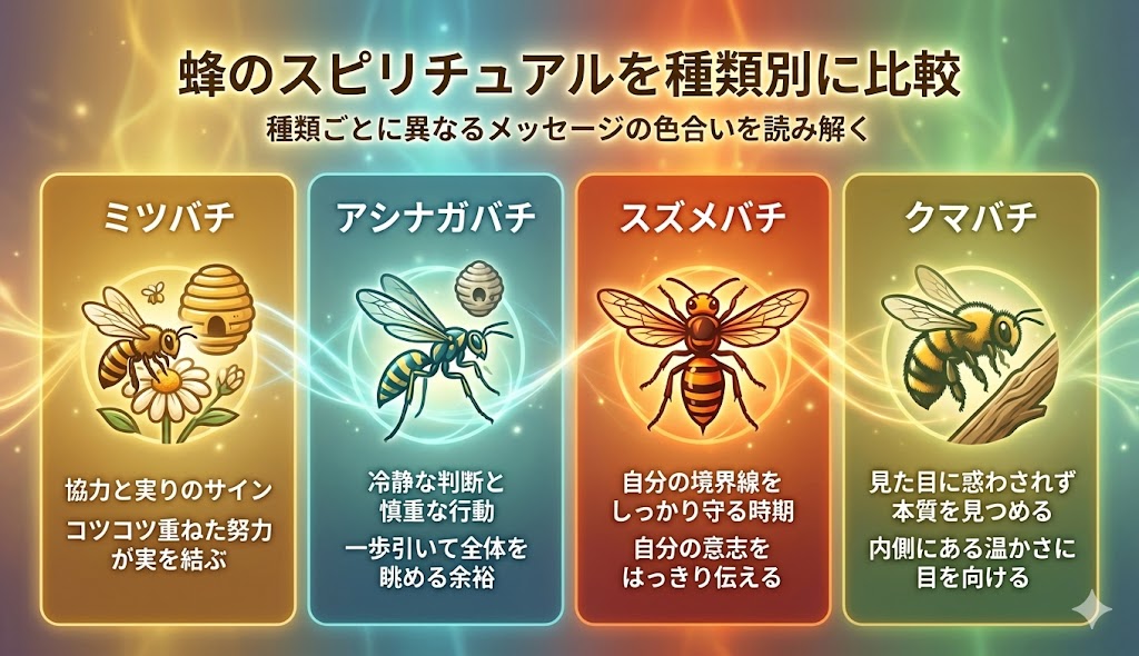 蜂のスピリチュアルを種類別に比較｜ミツバチ・アシナガバチ・スズメバチ・クマバチ
