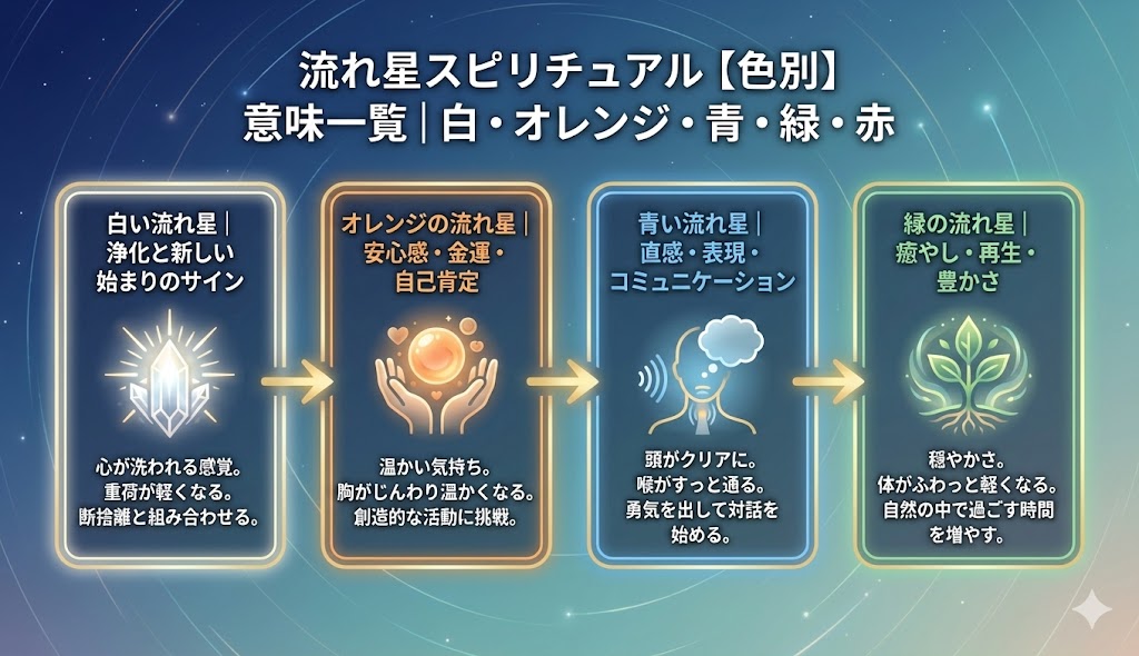 流れ星スピリチュアル【色別】意味一覧｜白・オレンジ・青・緑・赤